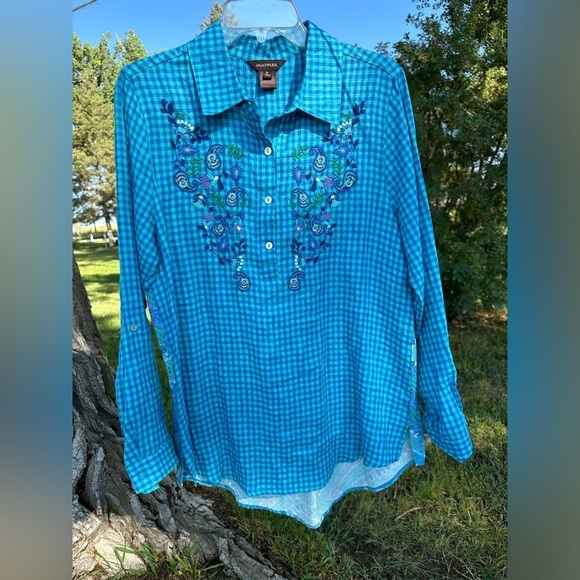 Multiples Paisley & Blue Linen Checkered Button Down Casual Blouse Womens Medium - Picture 11 of 17